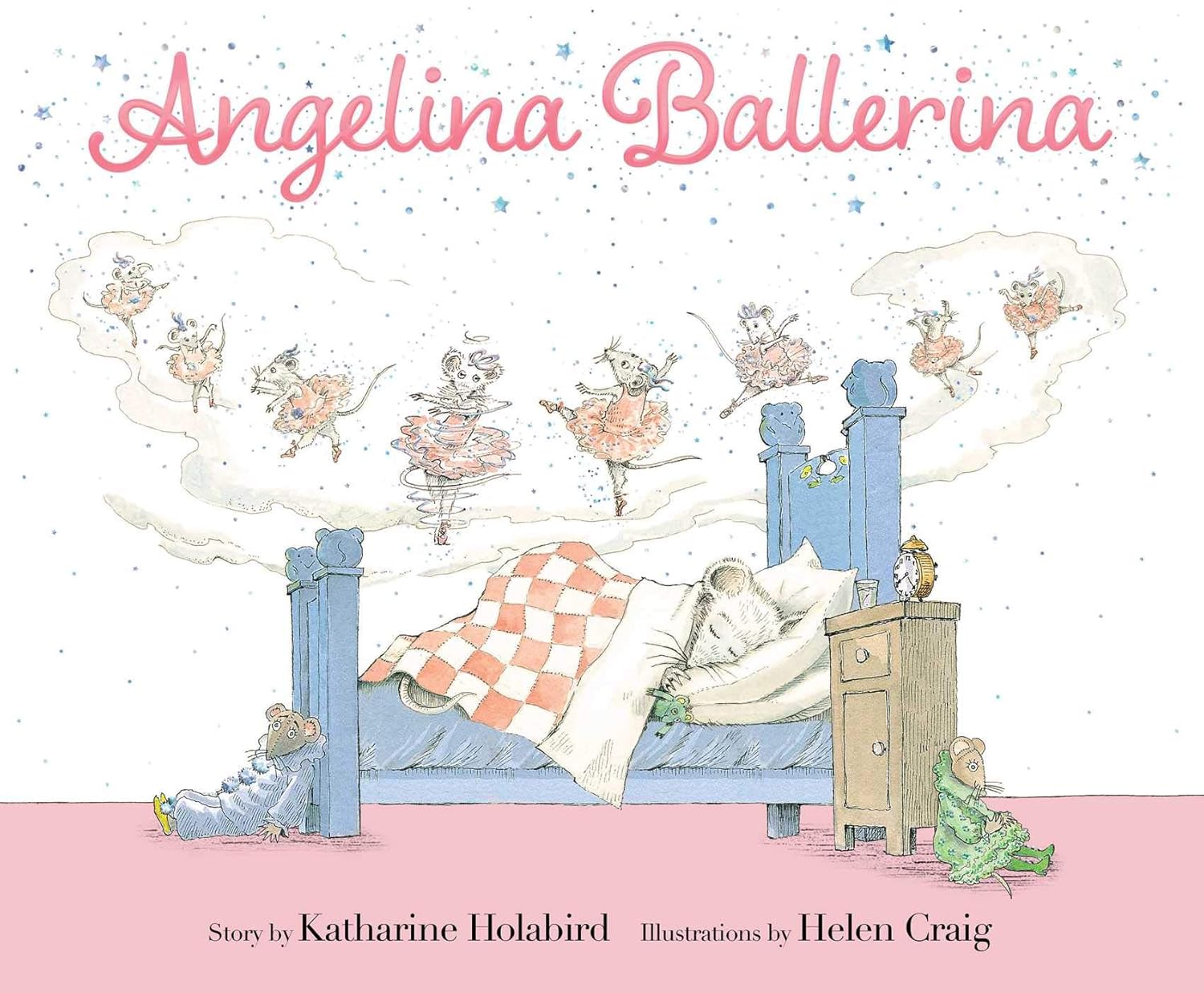On the cover of "Angelina Ballerina" by Simon & Schuster, a ballerina mouse dreams in bed of dancing mice in tutus.