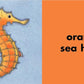 Vibrant illustration from The Rainbow Fish Colors by Simon & Schuster—an orange sea horse on blue, with "orange sea horse" text to the right. Perfect for board books teaching colors, inspired by Rainbow Fish.