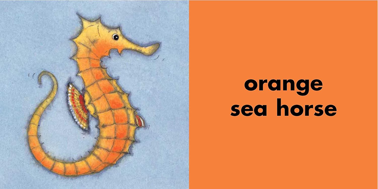 Vibrant illustration from The Rainbow Fish Colors by Simon & Schuster—an orange sea horse on blue, with "orange sea horse" text to the right. Perfect for board books teaching colors, inspired by Rainbow Fish.
