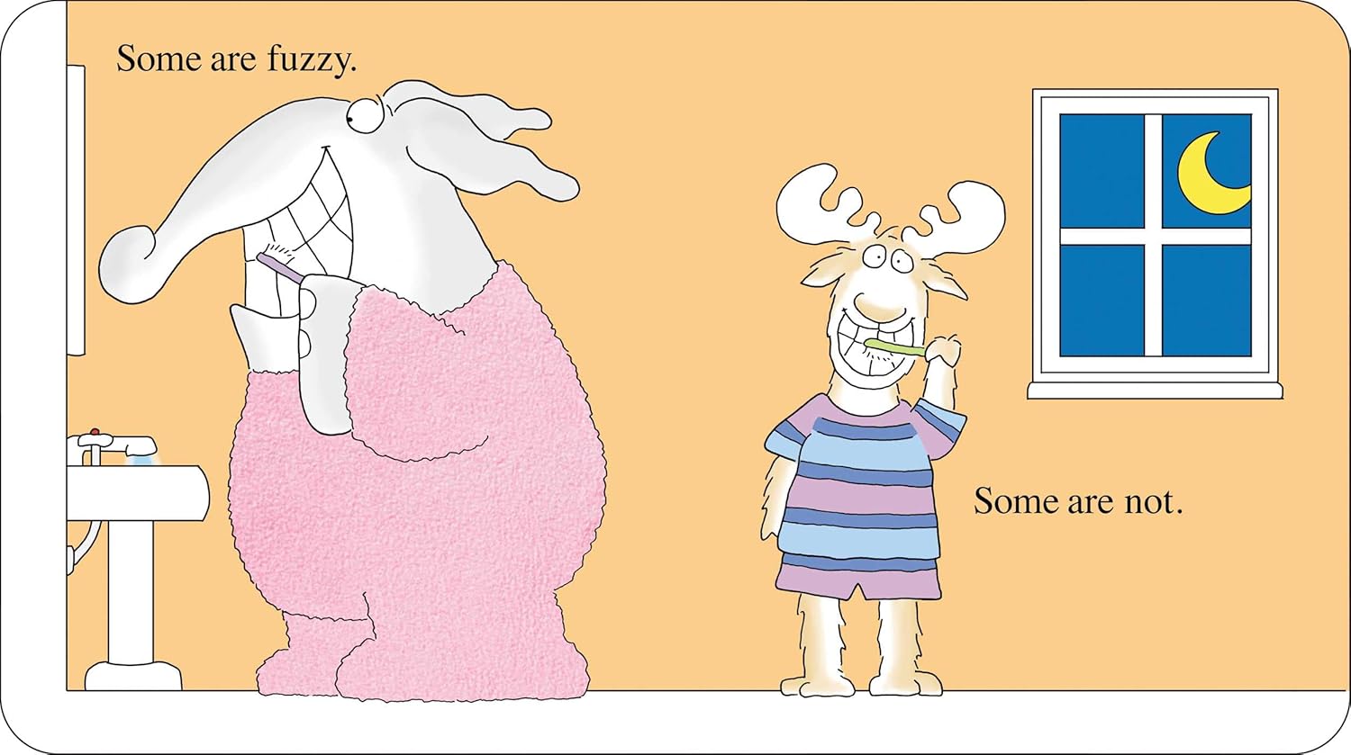 A fuzzy elephant and a non-fuzzy moose in pajamas brush their teeth at night under a crescent moon—an adorable scene from Simon & Schuster’s "Pajama Time! (Boynton on Board)," perfect for bedtime stories and Sandra Boynton fans.