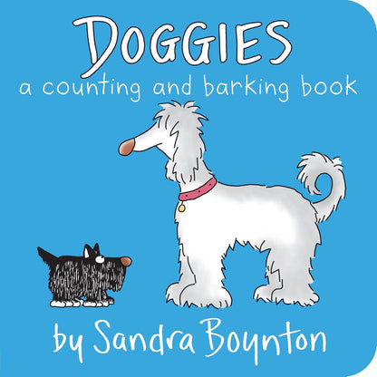 Cover of "Doggies by Sandra Boynton" from Simon & Schuster, a delightful children's book with playful dog illustrations on a blue background.