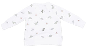 Angel Dear Baby Boys’ and Boys’ Raglan Sweatshirt in white, featuring a playful pattern of small, light grey and beige dinosaur illustrations scattered across organic French terry fabric—shown from the back for a charming touch to kids’ clothing.