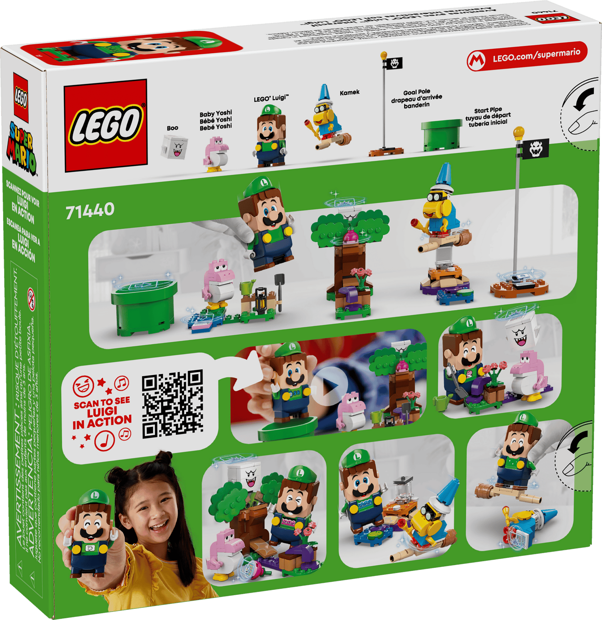 Back of LEGO® Super Mario™ Adventures with Interactive LEGO® Luigi™ set box by Legos - Toyhouse, showing LEGO Luigi, characters, play features, QR code, and a child enjoying this ideal Nintendo gift with the assembled set.