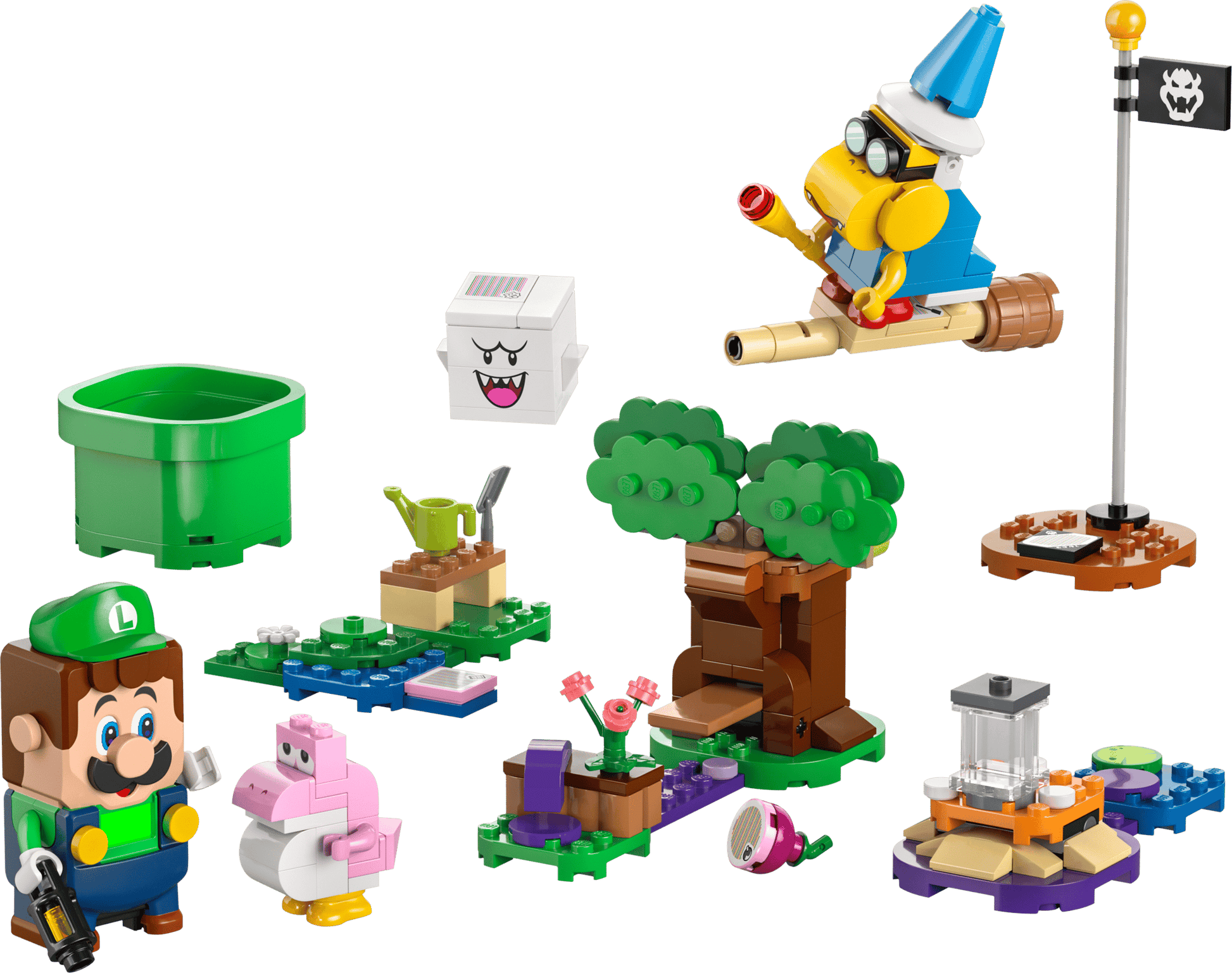 The LEGO® Super Mario™ Adventures with Interactive LEGO® Luigi™ by Legos - Toyhouse features LEGO Luigi, pink Yoshi, Lakitu on a cloud, Boo, interactive platforms, green warp pipe, and flagpole—ideal for Nintendo fans and builders.