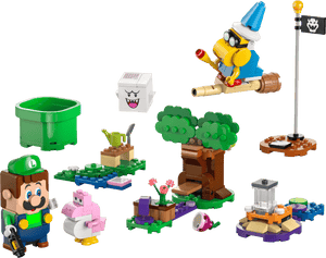 The LEGO® Super Mario™ Adventures with Interactive LEGO® Luigi™ by Legos - Toyhouse features LEGO Luigi, pink Yoshi, Lakitu on a cloud, Boo, interactive platforms, green warp pipe, and flagpole—ideal for Nintendo fans and builders.