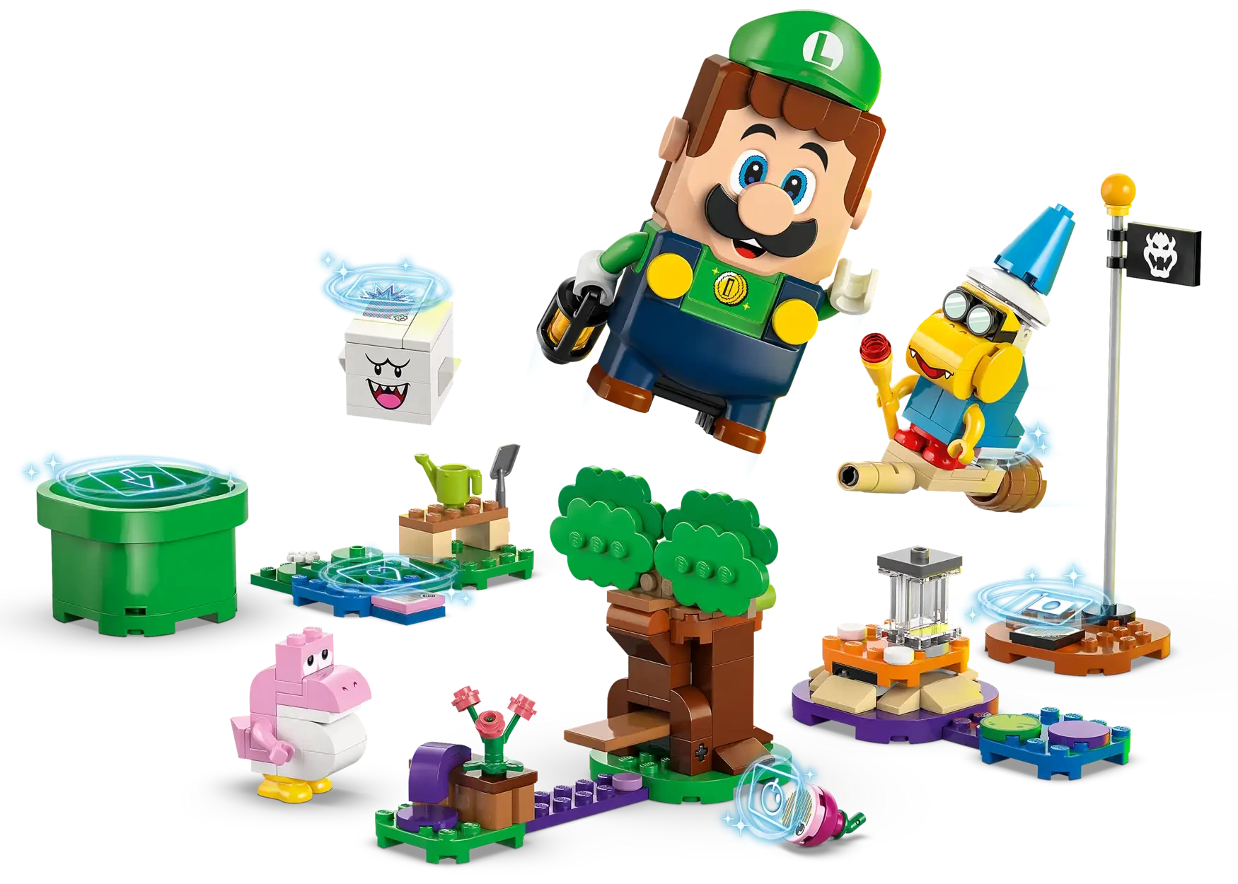The Legos - Toyhouse LEGO® Super Mario™ Adventures with Interactive LEGO® Luigi™ playset includes interactive Luigi, enemy figures, platforms, obstacles, a flagpole, and themed accessories—ideal Nintendo gift. All shown on a white background.