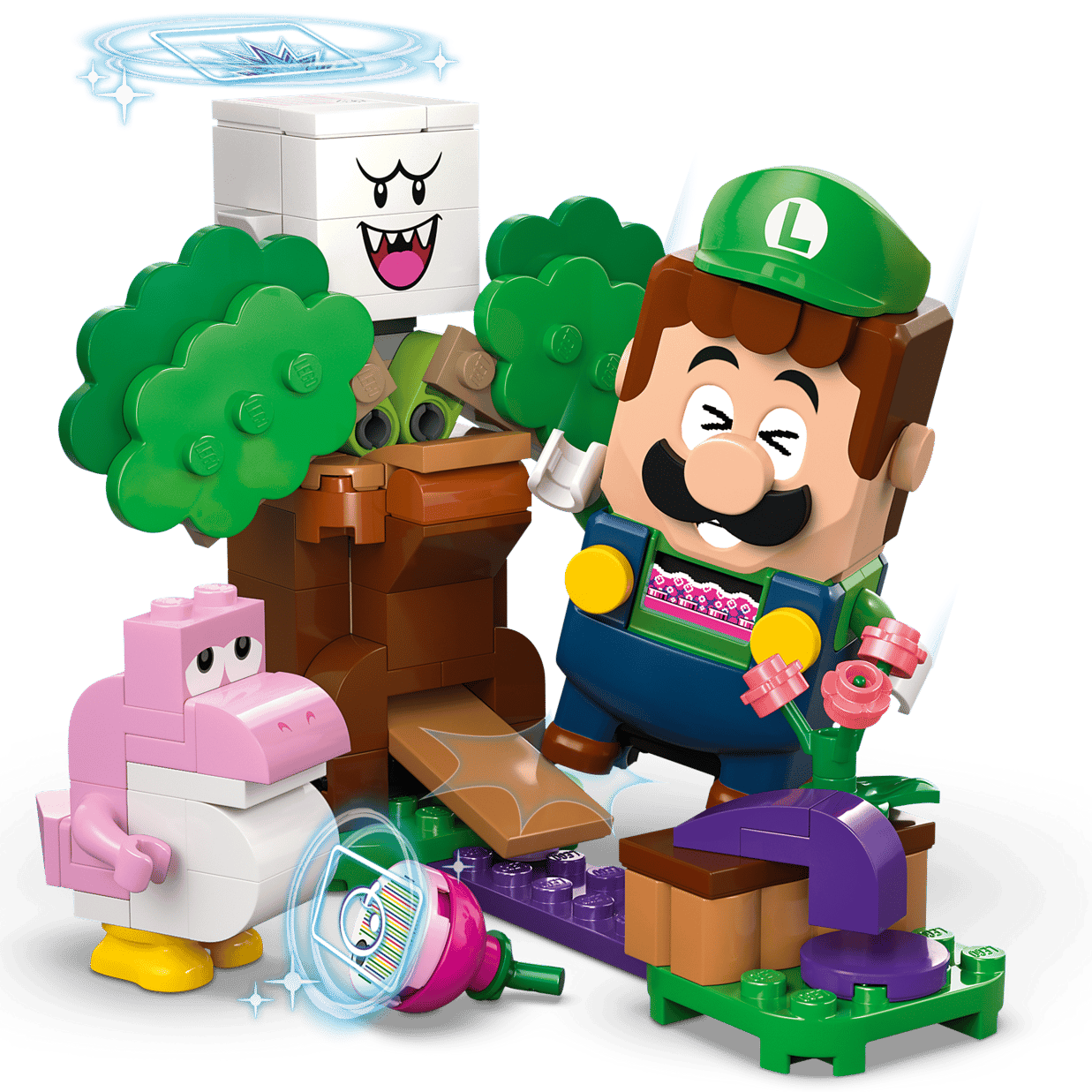 The LEGO® Super Mario™ Adventures with Interactive LEGO® Luigi™, by Legos - Toyhouse, features LEGO Luigi, a Boo ghost, pink Yoshi, a tree, and interactive play—an ideal Nintendo gift for fans.