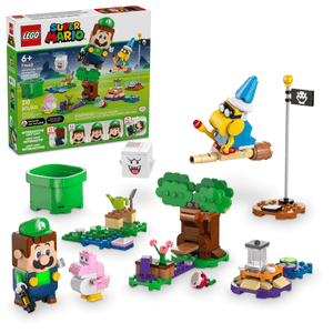 LEGO® Super Mario™ Adventures with Interactive LEGO® Luigi™ by Legos - Toyhouse, featuring Magikoopa, Boo, Pink Yoshi, trees, flagpole, and interactive elements—an ideal Nintendo gift—shown with its box in the background.