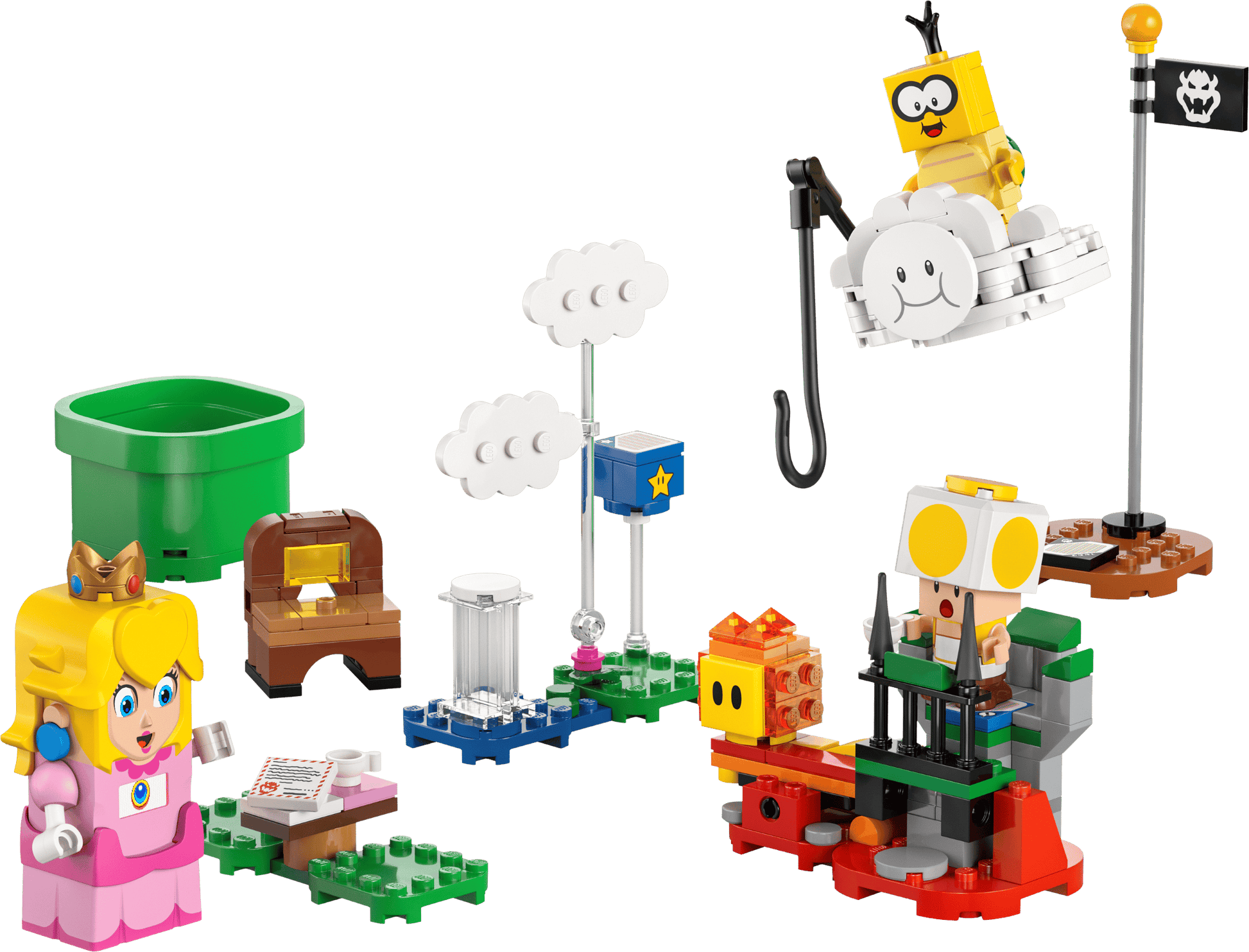The LEGO® Super Mario™ Adventures with Interactive LEGO® Peach™ playset from Legos - Toyhouse features Princess Peach, a treasure chest, cloud platform with a yellow character, and fun interactive elements for an exciting adventure.