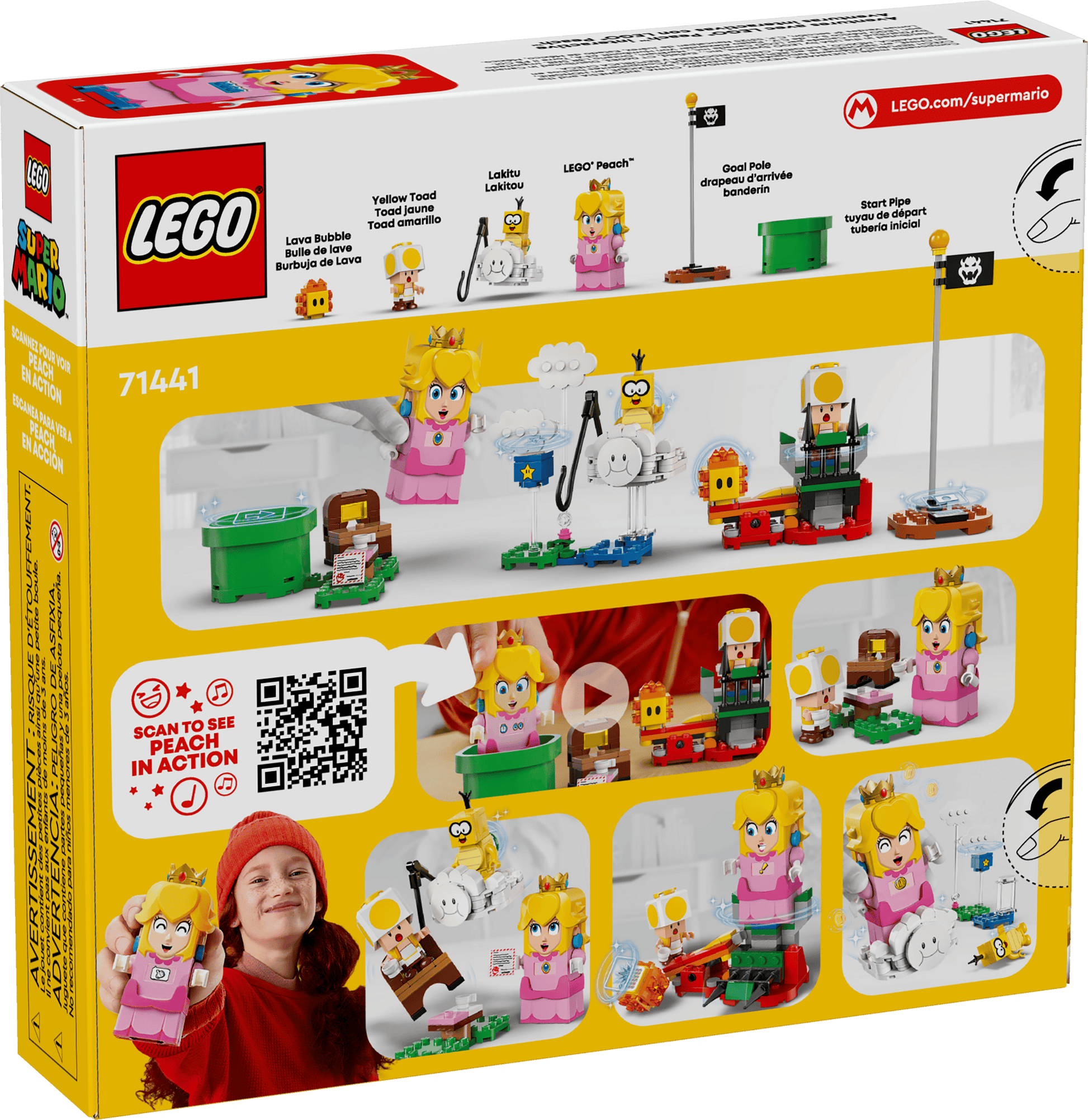 Back of the LEGO® Super Mario™ Adventures with Interactive LEGO® Peach™ set box by Legos - Toyhouse, highlighting the interactive Peach toy, included pieces, play features, QR code, and vivid branding as a child plays nearby.