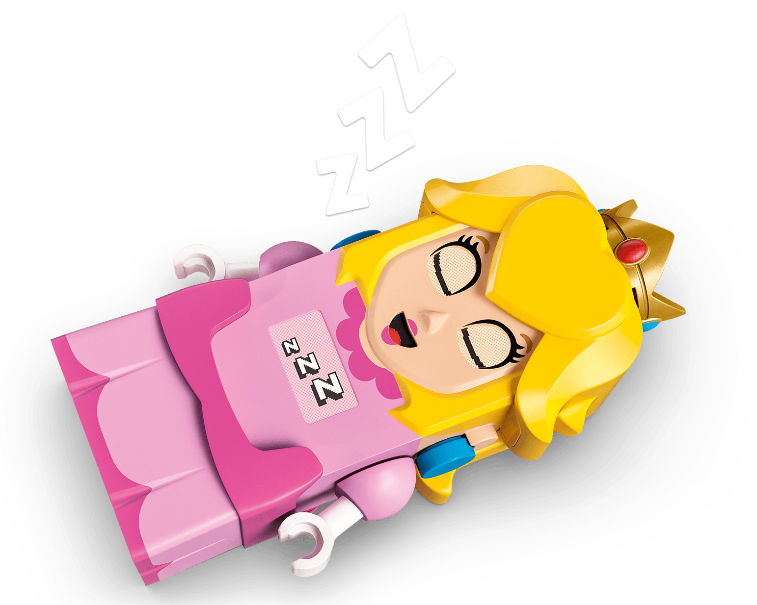 LEGO® Super Mario™ Adventures with Interactive LEGO® Peach™ by Legos - Toyhouse features a Princess Peach figurine lying down with eyes closed, wearing a pink dress and crown, with "ZZZ" symbols above her head.