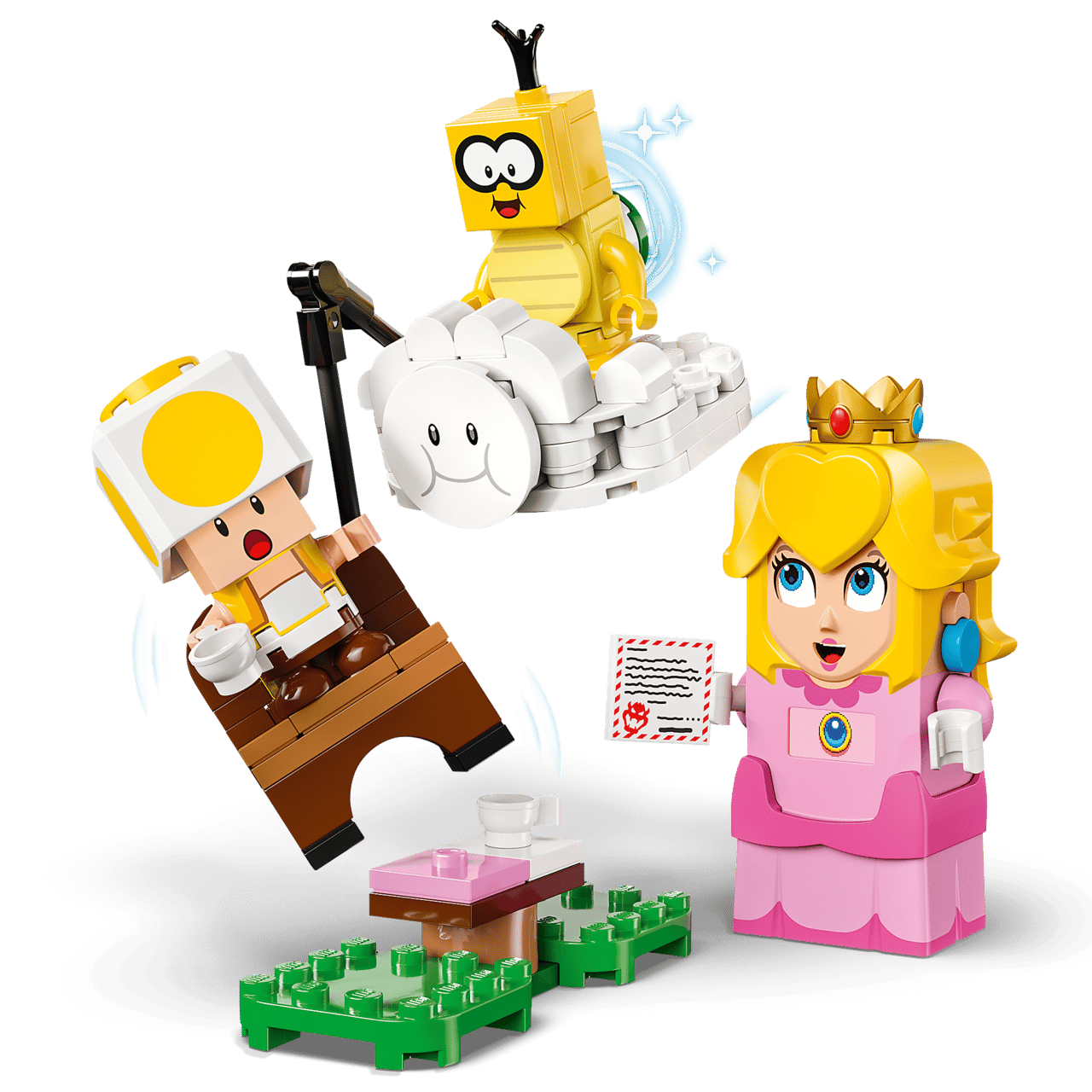 The LEGO® Super Mario™ Adventures with Interactive LEGO® Peach™ by Legos - Toyhouse features figures of Toad, Princess Peach, and Lakitu, plus accessories like a letter, table, and grassy base for interactive play.