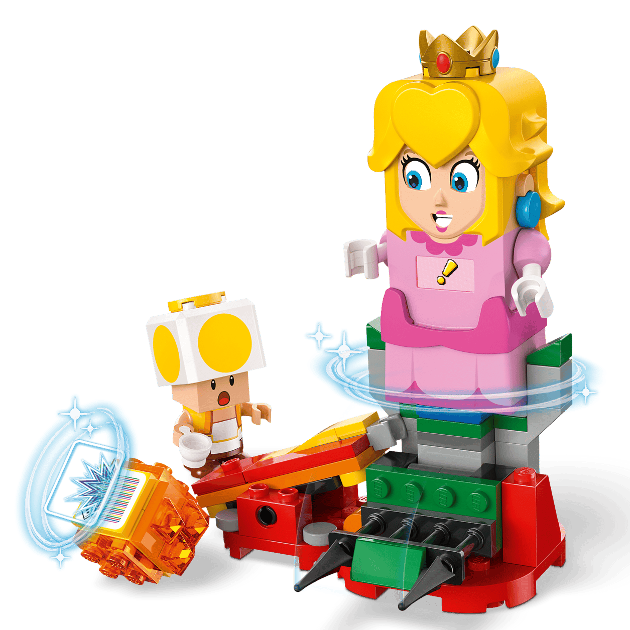 The LEGO® Super Mario™ Adventures with Interactive LEGO® Peach™ by Legos - Toyhouse features Princess Peach and Toad figures on a vibrant, mechanical platform with energy effects and spikes for interactive play.