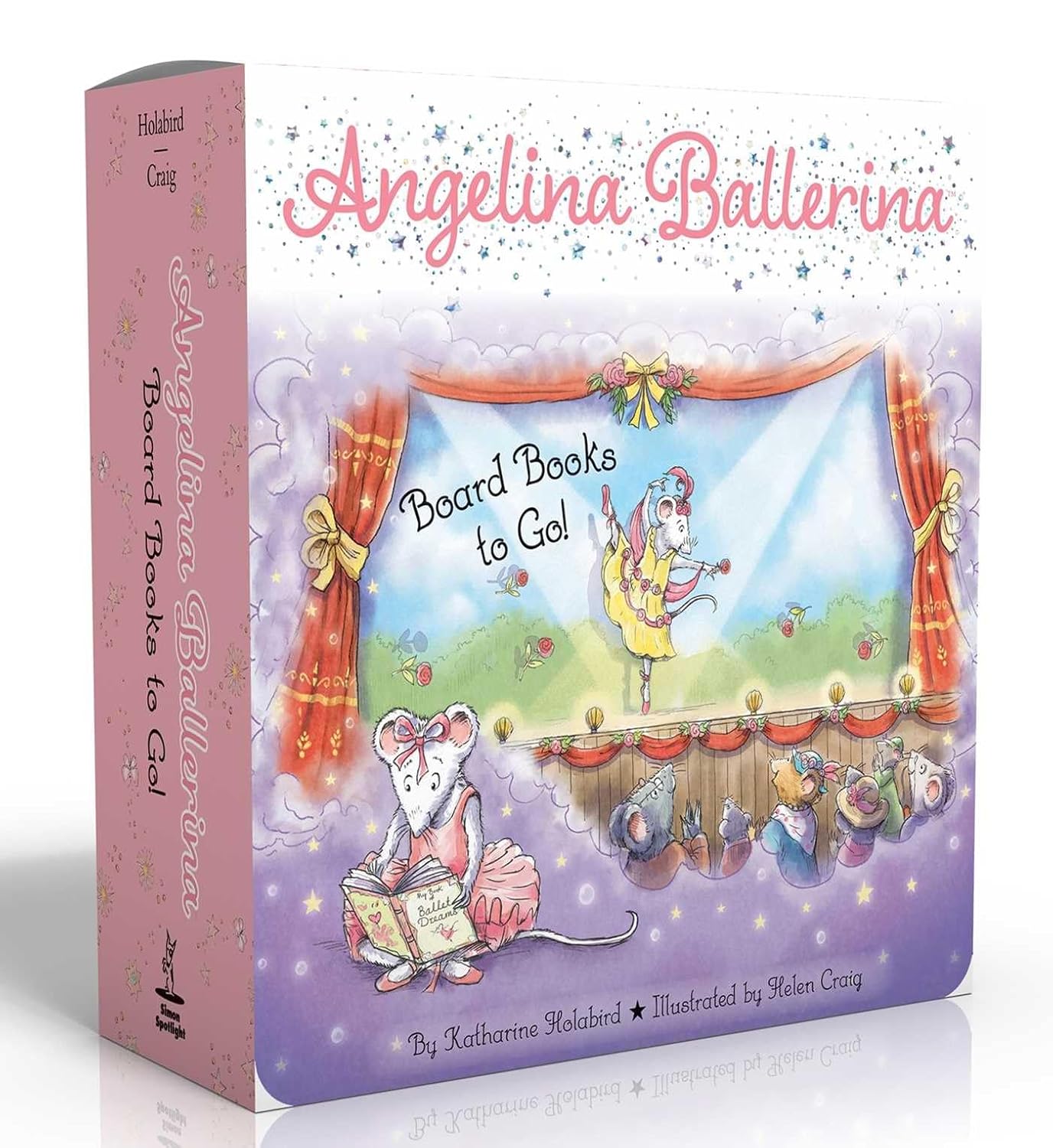 The box set cover of Simon & Schuster’s “Angelina Ballerina Board Books To Go!” features illustrated mice—a reader and a ballet dancer—with pink and purple accents, making it a delightful board book collection for young ballet fans.