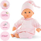 The Corolle Bebe Calin - Charming Pastel 12" is a soft-bodied baby doll in pink clothes and hat, featuring sleeping eyes, a vanilla scent, and an ideal size—perfect as a first doll for children.