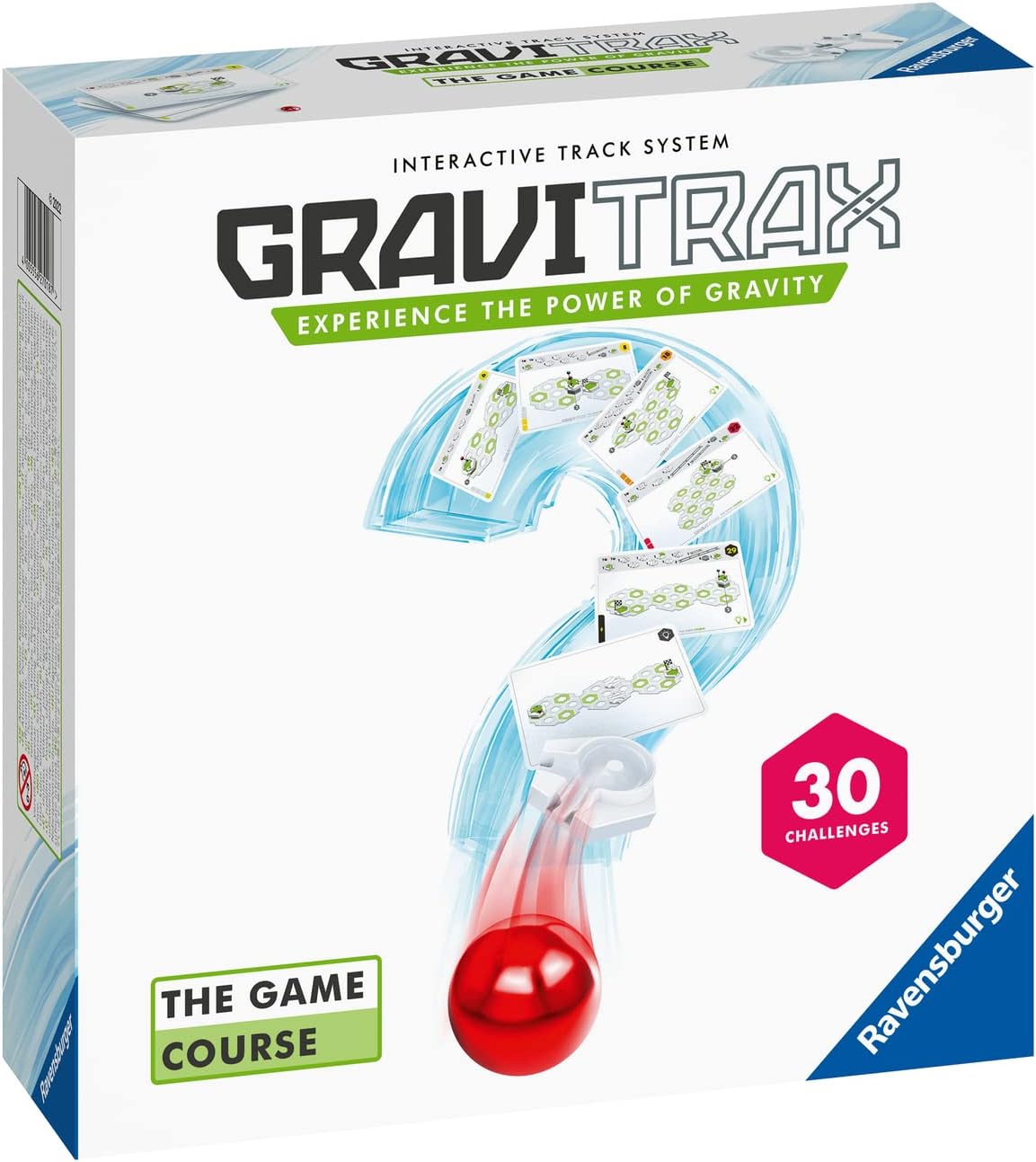 The GraviTrax: The Game Course box displays a bold question mark formed by track pieces, a red marble, and text with “30 challenges”—the ultimate marble run STEM game set by GraviTrax.