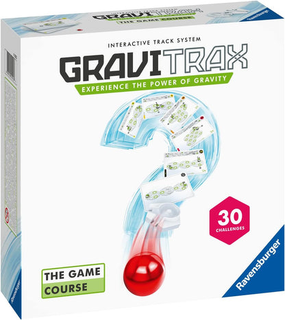 The GraviTrax: The Game Course box displays a bold question mark formed by track pieces, a red marble, and text with “30 challenges”—the ultimate marble run STEM game set by GraviTrax.