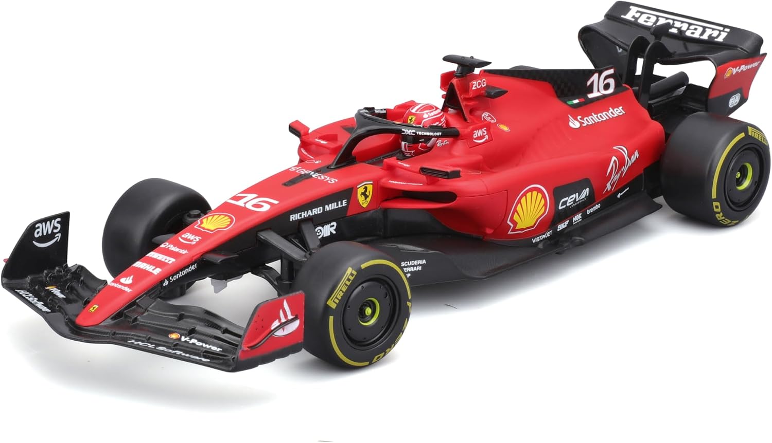 A red Maisto R/C 1:24 Ferrari SF-23 (2023) race car, featuring the number 16 and authentic sponsor branding such as Shell and Santander, is displayed against a white background. This impressive remote control car is a detailed Formula 1 replica that faithfully mirrors the real Ferrari SF-23 racing machine.
