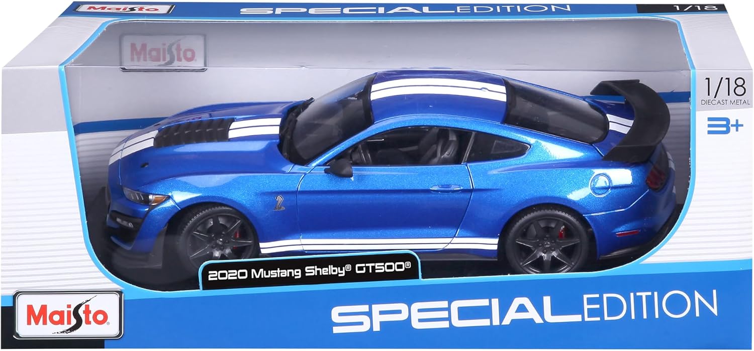 A 1:18 SE 2020 Mustang Shelby GT500 by Maisto is displayed in a “Special Edition” box.