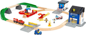 A BRIO World train set with a fire truck and fire engine, available at Hive for Kids..