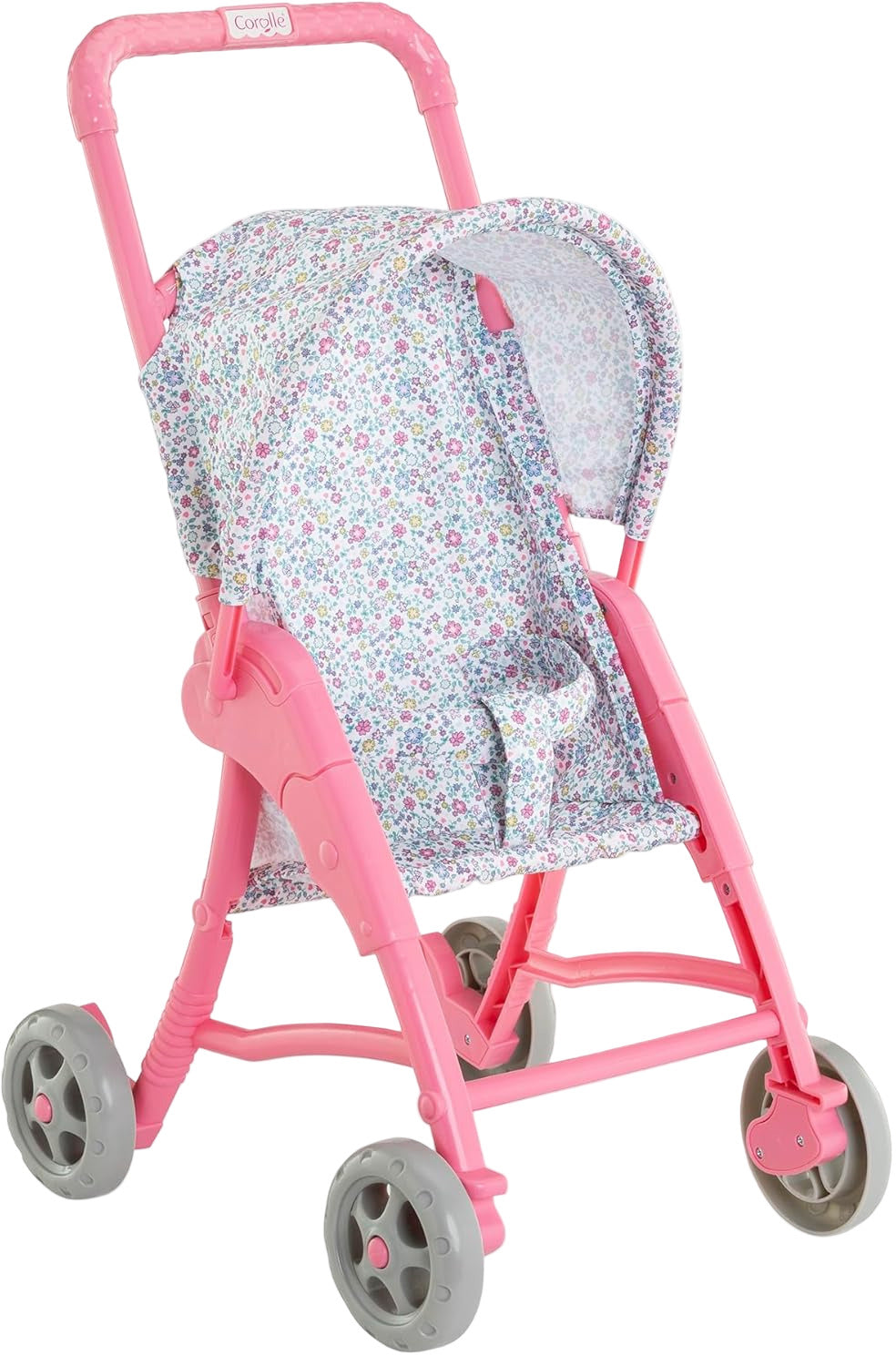 The Corolle Stroller - Flowered features gray wheels and a floral-patterned pink seat and canopy, ideal for taking a baby doll or My First Corolle Doll on imaginative adventures.