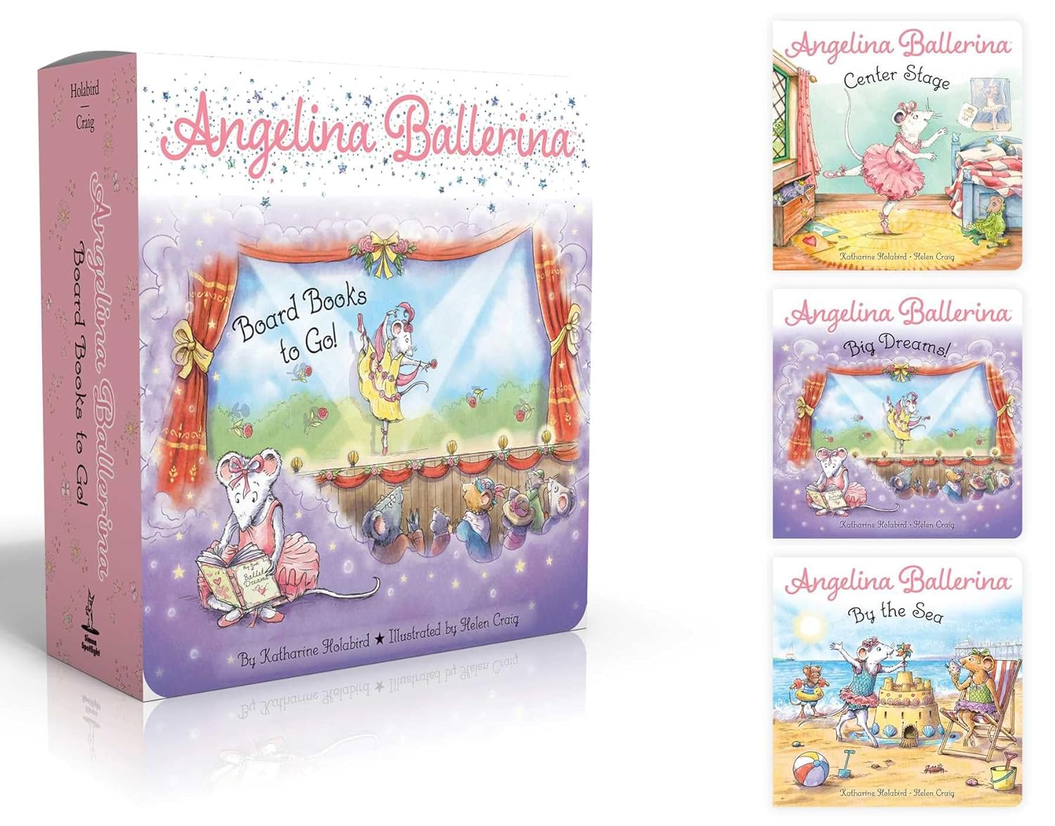 The Simon & Schuster "Angelina Ballerina Board Books To Go!" boxed set includes ballet-themed board books—Center Stage, Big Dreams, and By the Sea—with charming Angelina Ballerina illustrations.