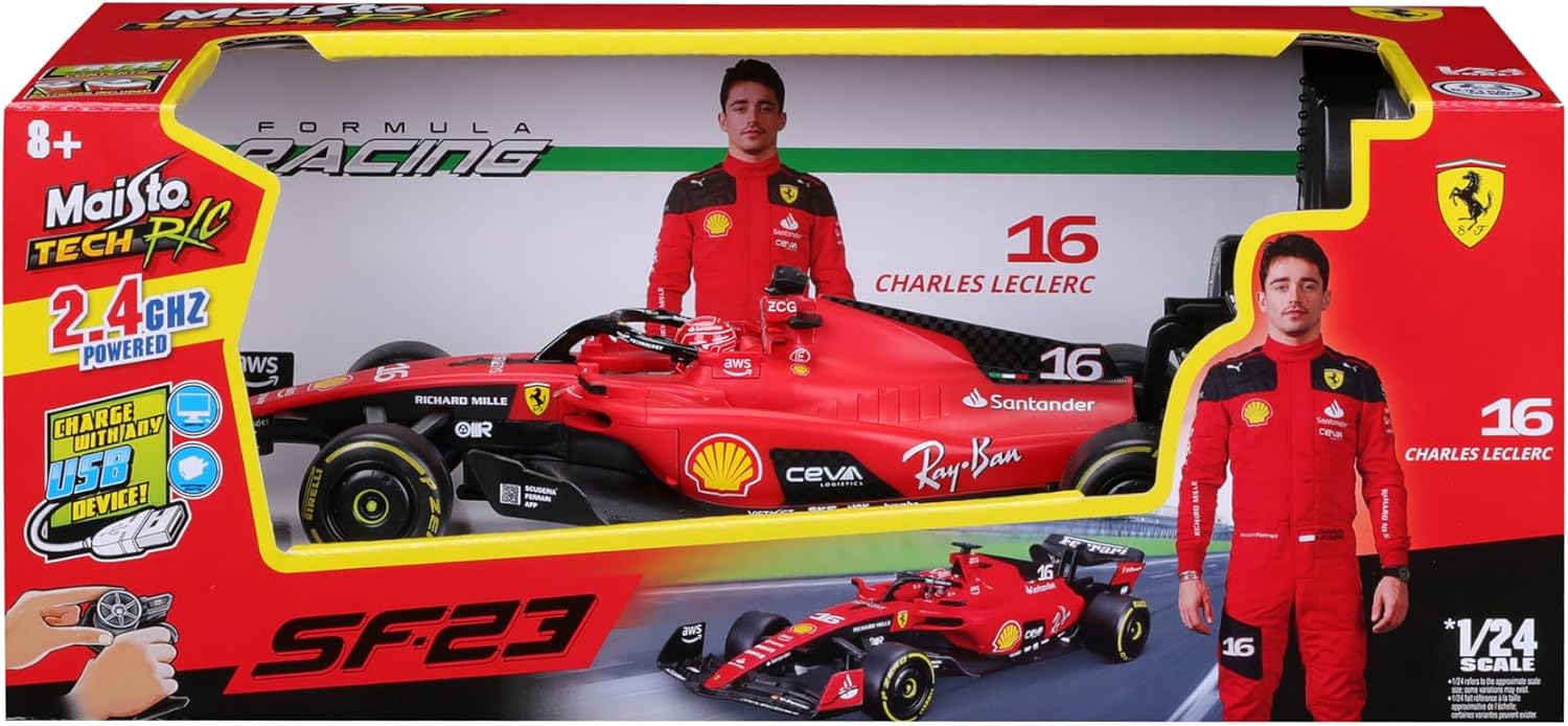 Maisto R/C 1:24 Ferrari SF-23 (2023) remote control car in box, a Formula 1 replica featuring Charles Leclerc in a red racing suit, recommended for ages 8 and up.