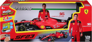 Maisto R/C 1:24 Ferrari SF-23 (2023) remote control car in box, a Formula 1 replica featuring Charles Leclerc in a red racing suit, recommended for ages 8 and up.