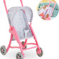 The Corolle Stroller - Flowered features a floral-patterned canopy, perfect for baby doll play. Inset shows a child placing a My First Corolle Doll inside the stroller.