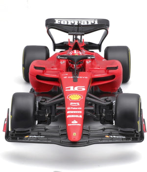 Front view of a red Maisto R/C 1:24 Ferrari SF-23 (2023) Formula 1 replica car with race number 16, featuring sponsor logos and a detailed aerodynamic design.
