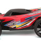 The Maisto R/C WhipFlash Light-up Buggy features a red, remote-control high-speed design with black wheels, an aerodynamic body, vibrant decals, a large rear spoiler, and an extreme turning ratio—all showcased in a side profile view.