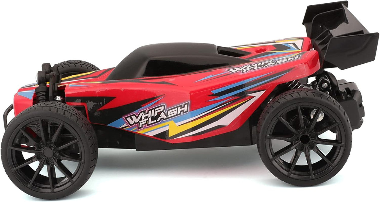The Maisto R/C WhipFlash Light-up Buggy features a red, remote-control high-speed design with black wheels, an aerodynamic body, vibrant decals, a large rear spoiler, and an extreme turning ratio—all showcased in a side profile view.