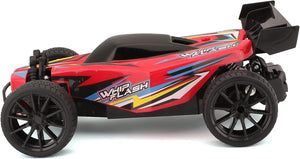 The Maisto R/C WhipFlash Light-up Buggy features a red, remote-control high-speed design with black wheels, an aerodynamic body, vibrant decals, a large rear spoiler, and an extreme turning ratio—all showcased in a side profile view.