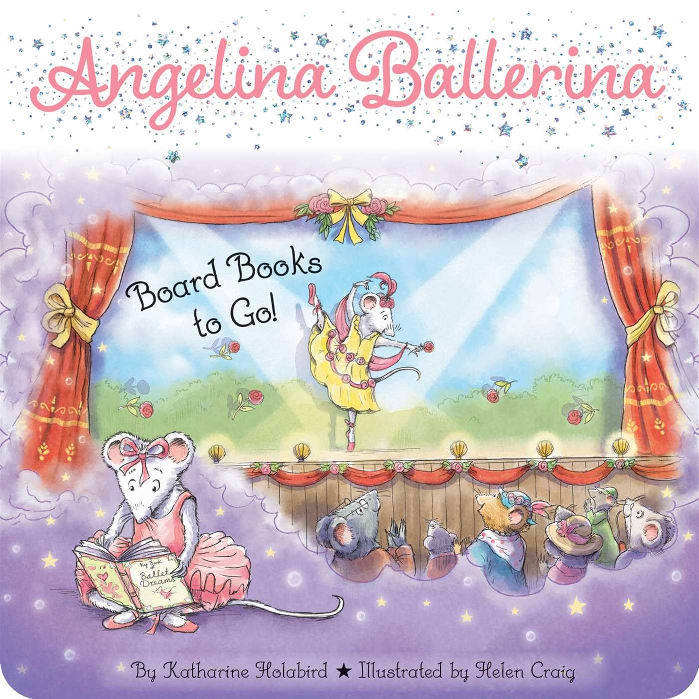 An illustration of a mouse ballerina performing on stage, with mice watching and one reading in front. Text: "Angelina Ballerina Board Books To Go! (Boxed Set) by Simon & Schuster.