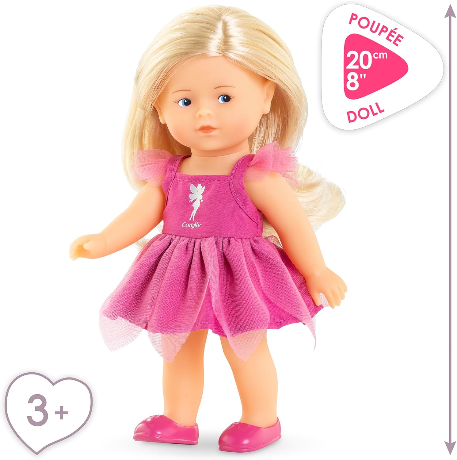 The Corolle Rosy Fairy Set features a blonde doll with delicate butterfly wings, a pink dress, and matching shoes. She stands 20 cm (8 in) tall and is perfect for children ages 3 and up.