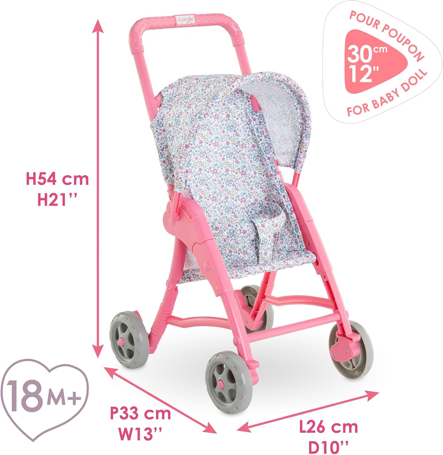 The Corolle Stroller - Flowered features charming floral fabric, fits dolls up to 30 cm including My First Corolle Doll, and is perfect for ages 18 months+. Dimensions: 54 x 33 x 26 cm.