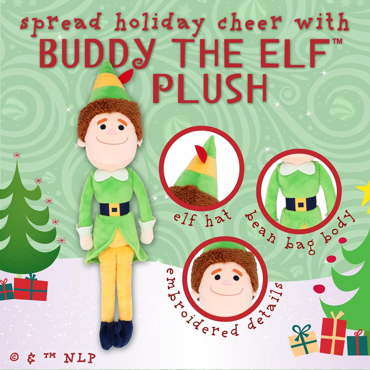 The Kids Preferred Elf Plush - Small features an elf hat, bean bag body, and embroidered details. Surrounded by festive holiday graphics and text, this adorable stuffed toy makes a perfect gift for kids.
