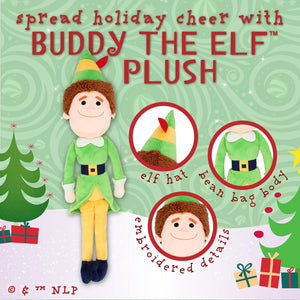 The Kids Preferred Elf Plush - Small features an elf hat, bean bag body, and embroidered details. Surrounded by festive holiday graphics and text, this adorable stuffed toy makes a perfect gift for kids.