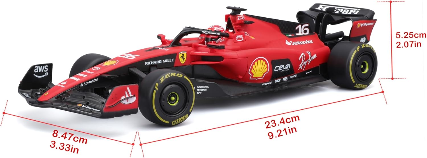 Add a striking R/C 1:24 Ferrari SF-23 (2023) by Maisto to your collection—this detailed red Formula 1 car model features authentic sponsor logos and measures 23.4 cm long, 8.47 cm wide, and 5.25 cm high—an ideal choice for fans of the RC Ferrari SF-23 remote control car series.