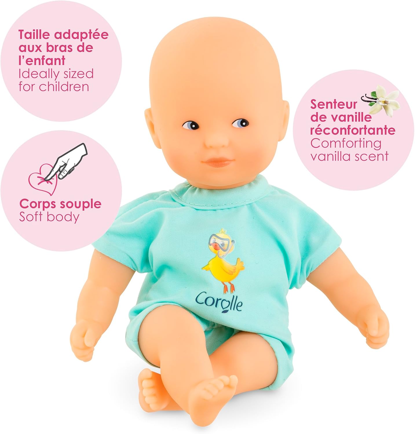 The Corolle Mini Bath Doll - Blue is a soft-bodied, vanilla-scented baby doll dressed in a turquoise duck-print outfit—perfectly sized for children and ideal as a gentle bath toy for fun playtime.