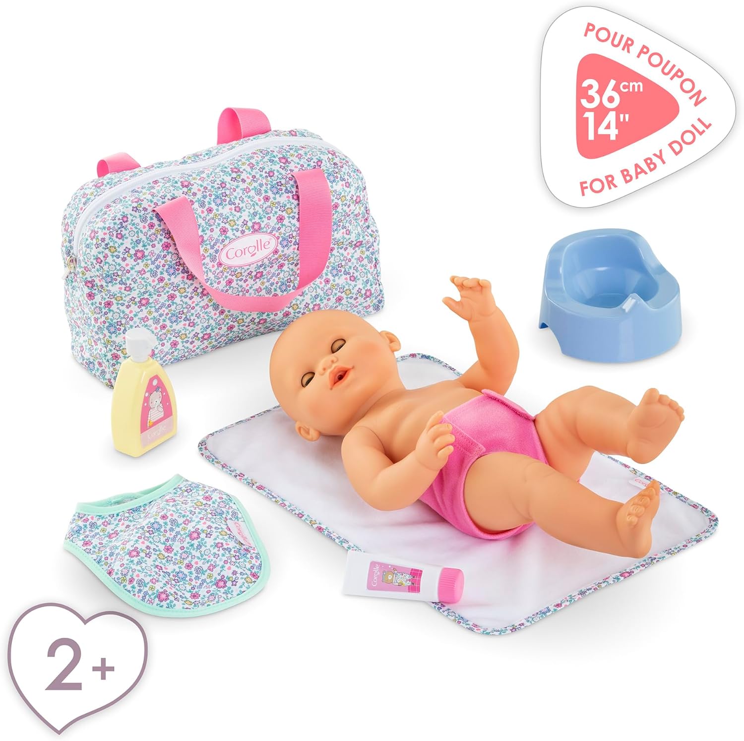 The Corolle Floral Changing Accessories Set includes a floral bag, changing mat, bottle, lotion, bib, and blue potty. Designed for children ages 2+ and fits dolls up to 36 cm (14 in).