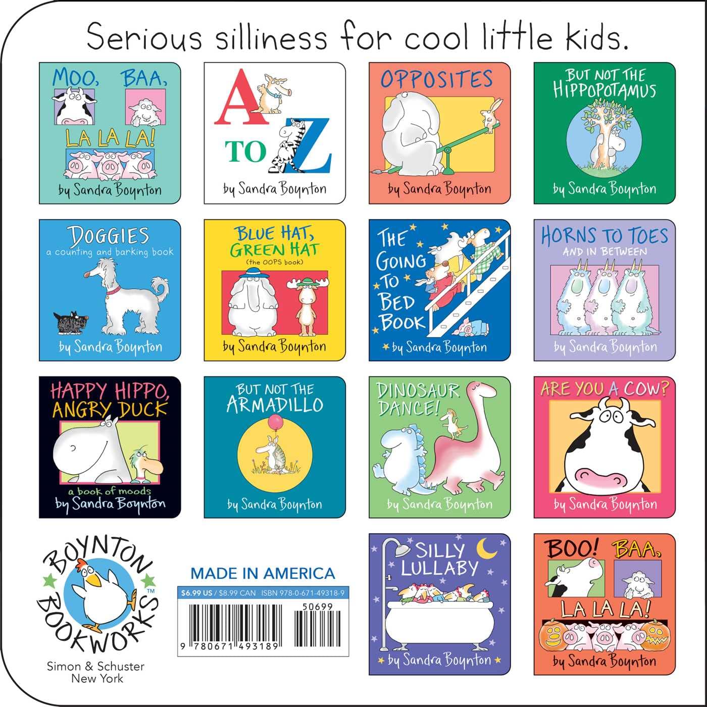 The back cover of "Doggies" by Sandra Boynton (Simon & Schuster) shows colorful cartoon animal illustrations—including dogs—and playful titles, making it ideal for any counting book collection.