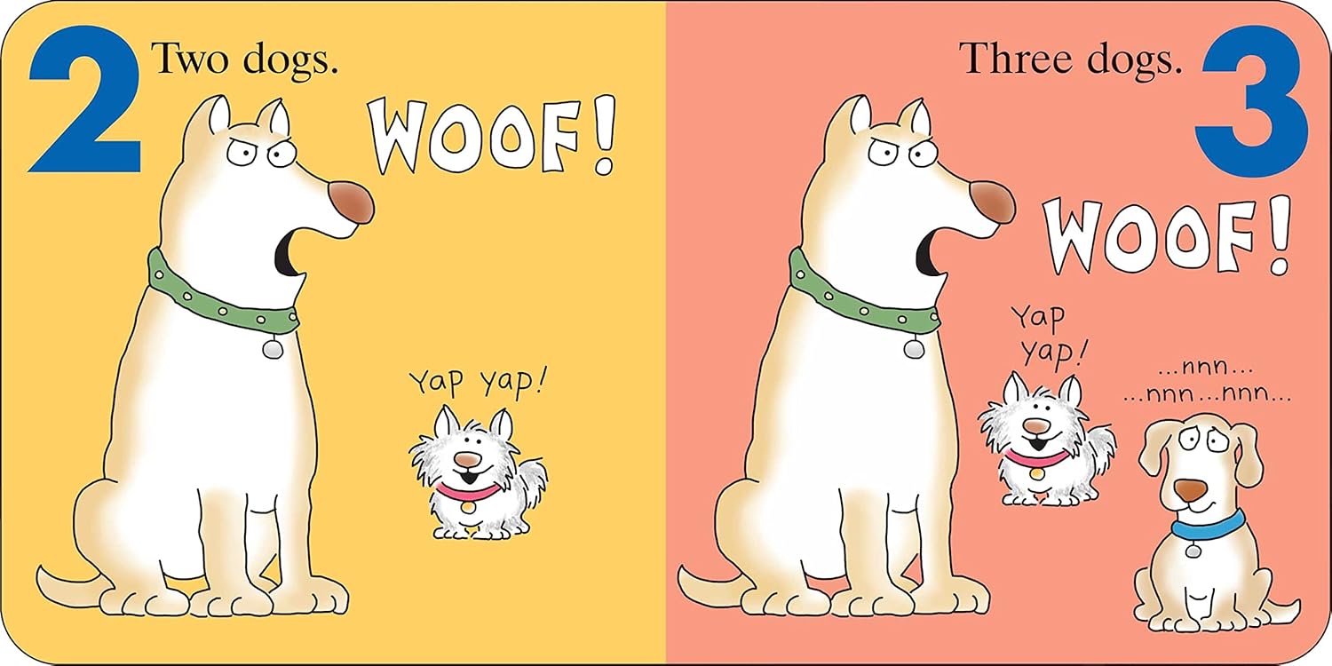 An illustration from "Doggies" by Sandra Boynton (Simon & Schuster) features two dogs on the left saying "Woof! Yap yap!" and three on the right with "Woof! Yap yap! ...nnn...nnn...". Numbers 2 and 3 are shown—perfect for young dog lovers!.
