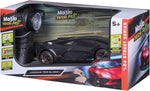 The Maisto R/C 1:24 Lamborghini Terzo Millennio is a stylish black radio control car, complete with remote and packaging, ideal for kids ages 5 and up.