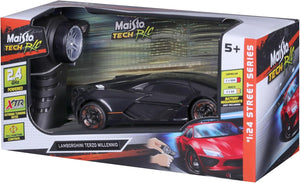 The Maisto R/C 1:24 Lamborghini Terzo Millennio is a stylish black radio control car, complete with remote and packaging, ideal for kids ages 5 and up.
