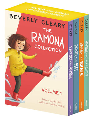 The Ramona 4-Book Collection, Volume 1 by Harper Collins is a beloved children's set featuring illustrated covers with Ramona Quimby in a yellow coat and red boots, splashing in a puddle.