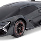 Matte black Maisto R/C 1:24 Lamborghini Terzo Millennio with a futuristic angular body design, tinted windows, red-accented wheels, and sharp LED headlights, photographed from a front-side angle for an authentic and dynamic look.
