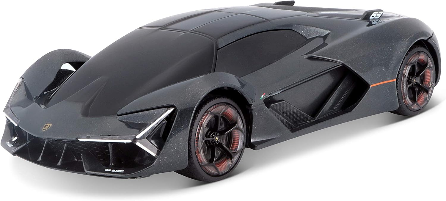Matte black Maisto R/C 1:24 Lamborghini Terzo Millennio with a futuristic angular body design, tinted windows, red-accented wheels, and sharp LED headlights, photographed from a front-side angle for an authentic and dynamic look.