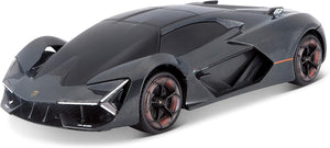 Matte black Maisto R/C 1:24 Lamborghini Terzo Millennio with a futuristic angular body design, tinted windows, red-accented wheels, and sharp LED headlights, photographed from a front-side angle for an authentic and dynamic look.