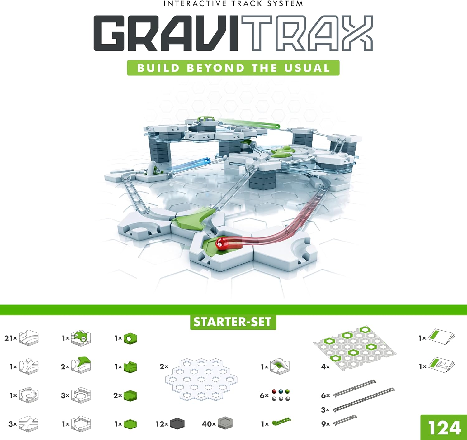 The GraviTrax: Starter Set by GraviTrax features interactive track pieces for a dynamic marble run and fun STEM learning. A visual of all 124 included components is shown at the bottom.